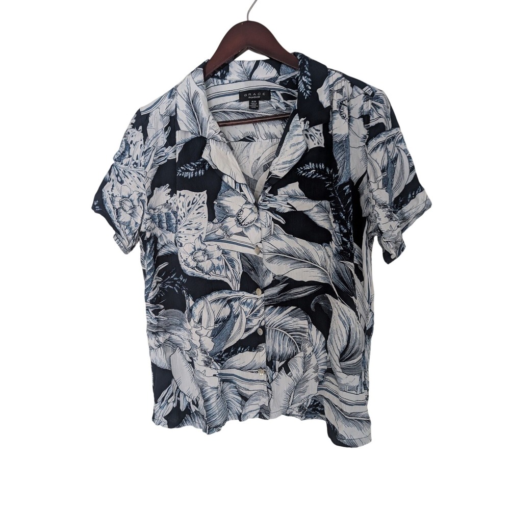 Grace The Perfect Fit Shirt M Navy White Tropical Palm Floral Rayon Button Up